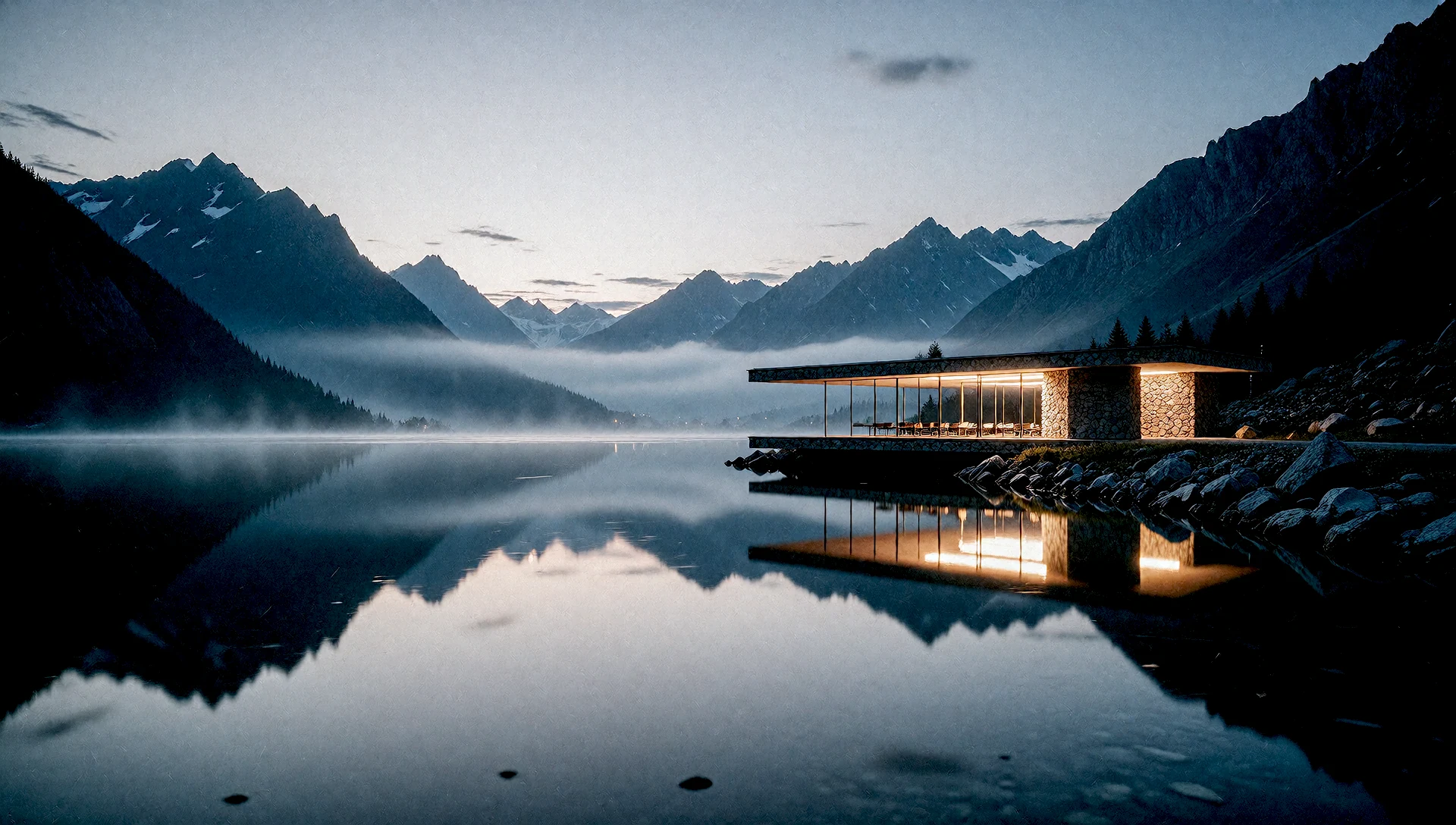 Warmly lit stone pavilion reflected in an alpine lake at blue hour