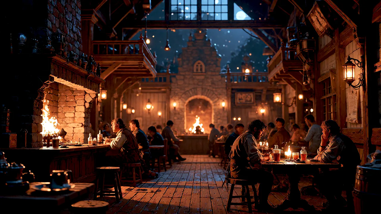 A warmly lit fantasy tavern.