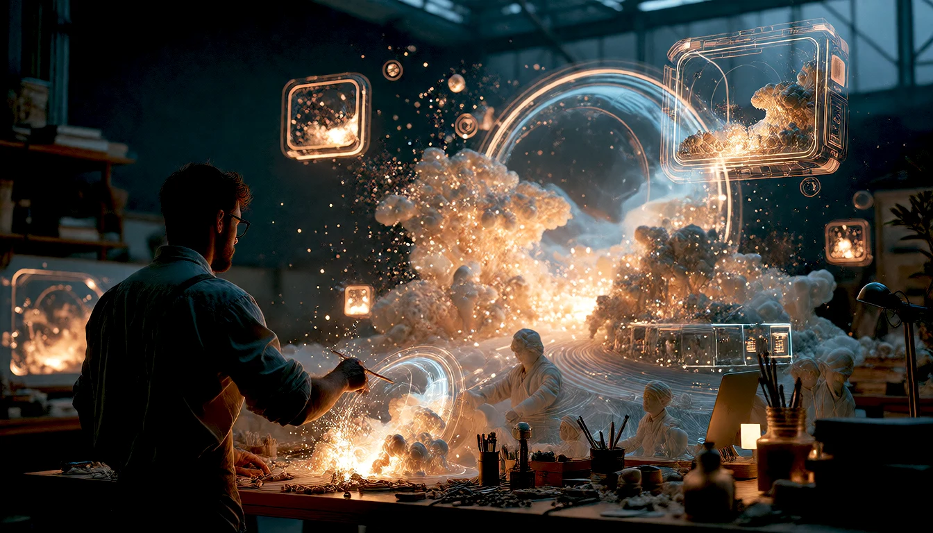A visionary creator crafting luminous floating scenes and concept portals.