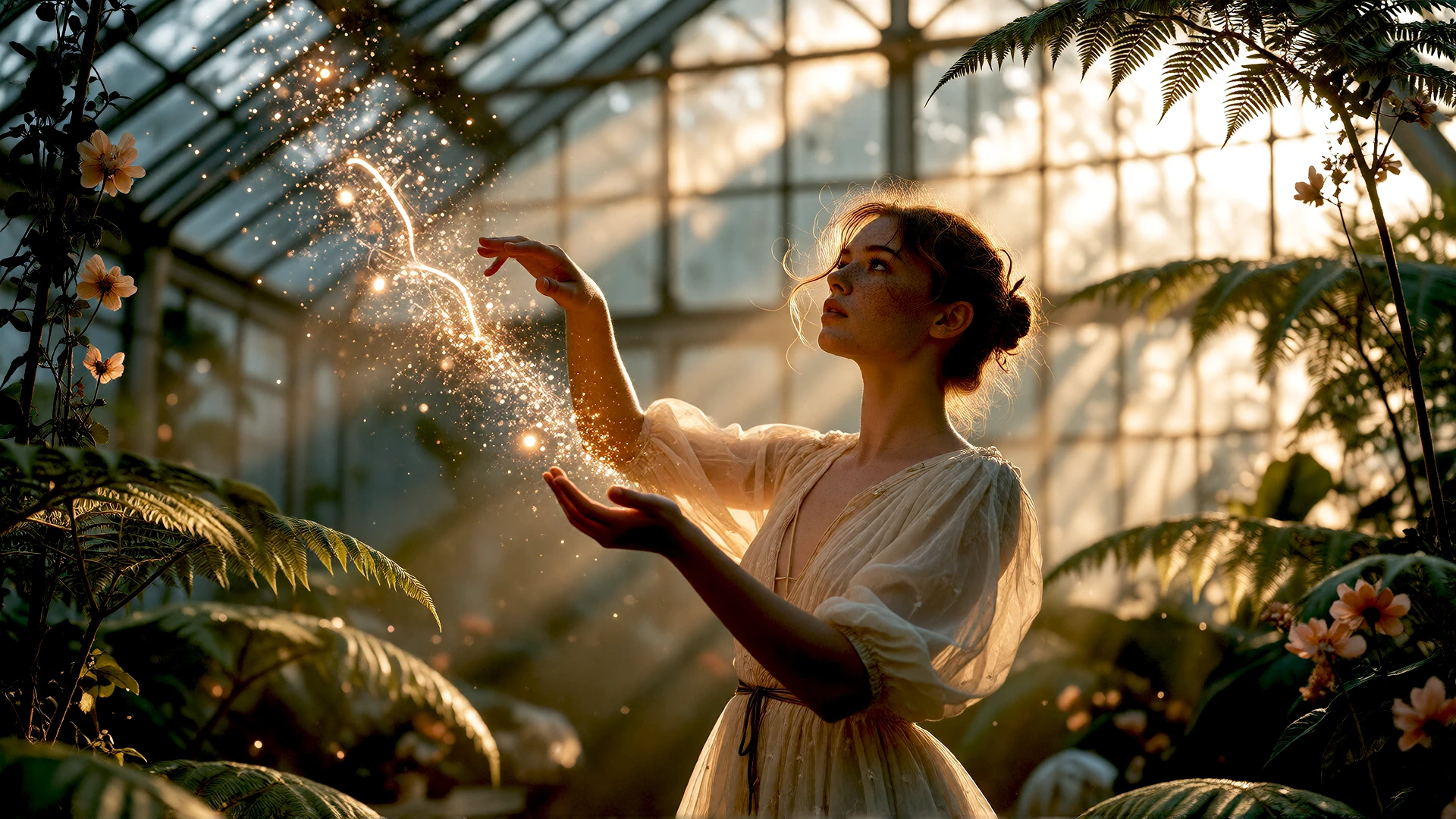 Young woman in a magical greenhouse surrounded by golden light and sparkling dust, created in Nomad Studio