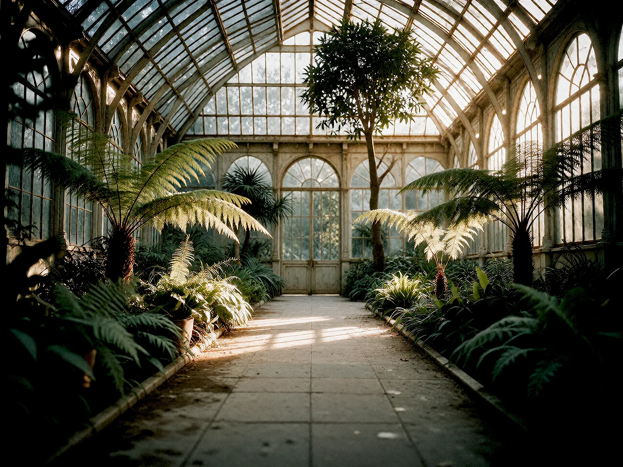 Atmospheric botanical conservatory with glass arches and ferns