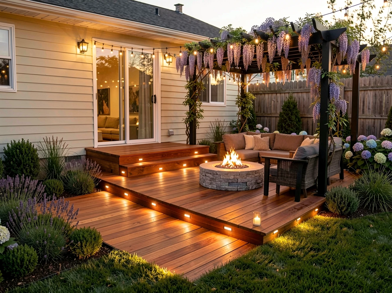 A patio filled with greenery and warm light.