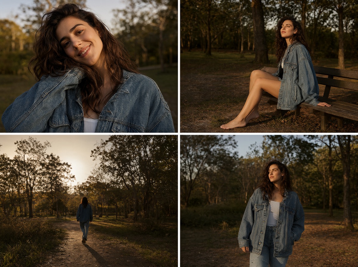 Full model photoshoot in park across 4 coherent angles