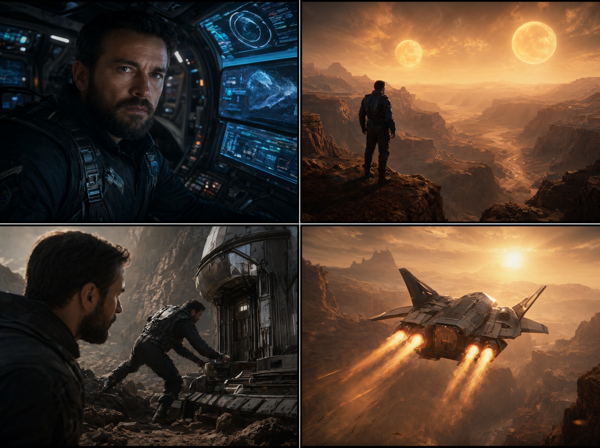 Cinematic storyboard with 4 keyframes of Kaelen Vane