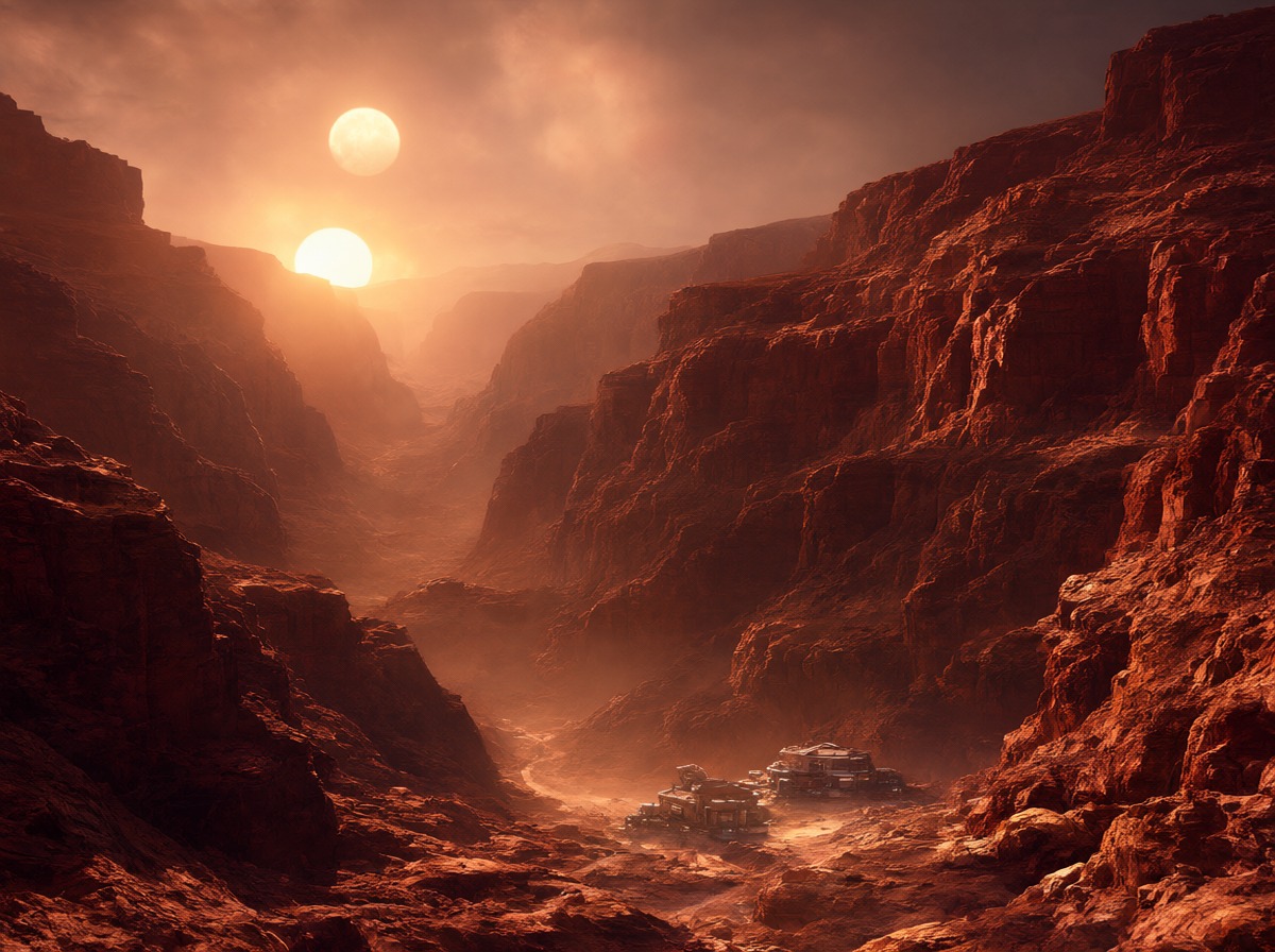 Twin suns alien canyon concept art