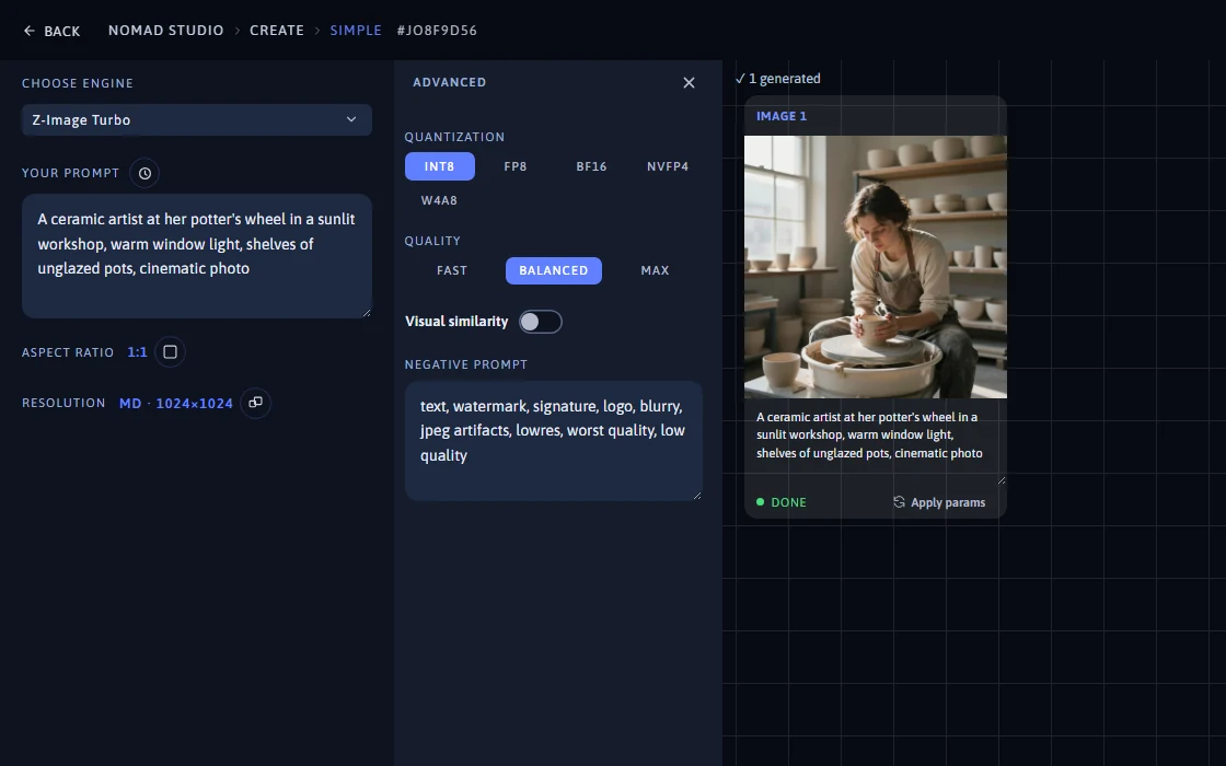 Nomad Studio Create panel showing an imported workflow's controls and a generated image