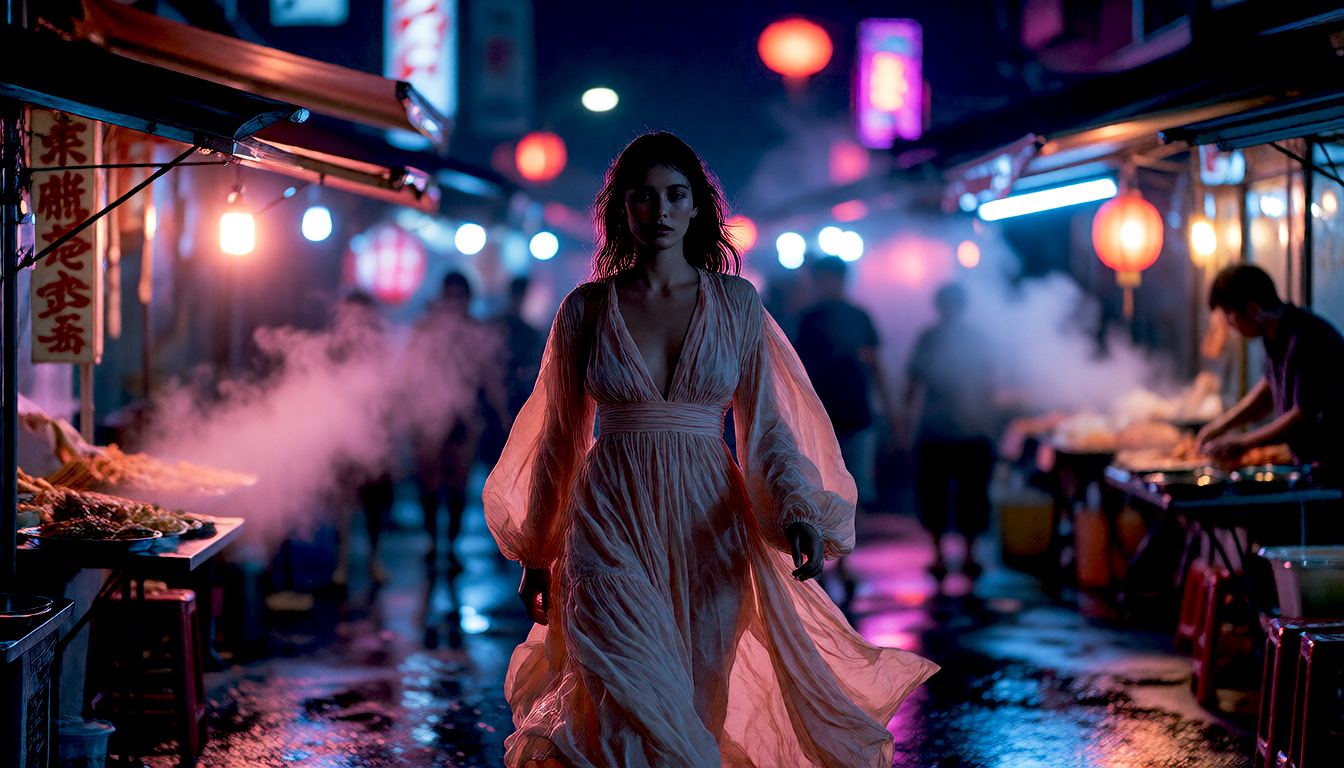 Generated result: an elegant woman in a flowing silk dress walking through a neon-lit night market