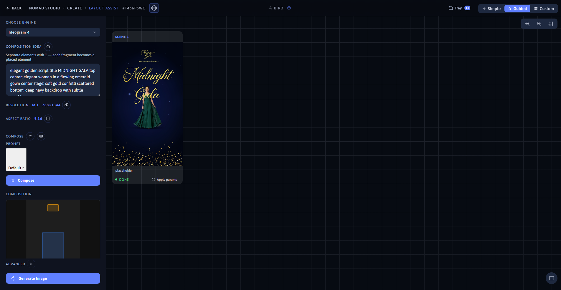Nomad Studio Layout Assist page showing the composed bounding-box layout and the generated result