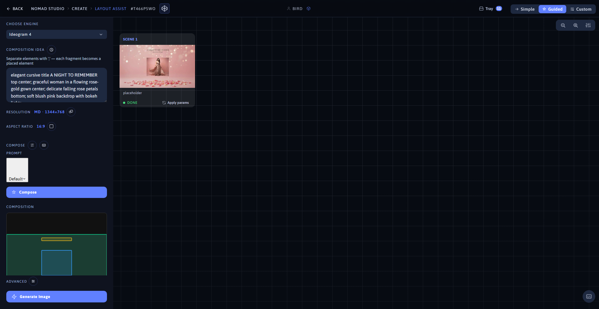 Nomad Studio Layout Assist page showing the composed layout at 16:9 and the generated result
