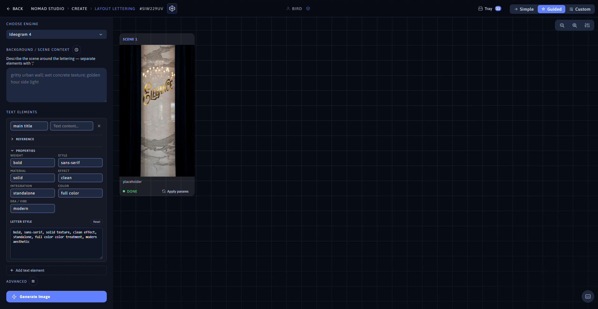 Nomad Studio Layout Lettering page showing the pill selectors and the generated result
