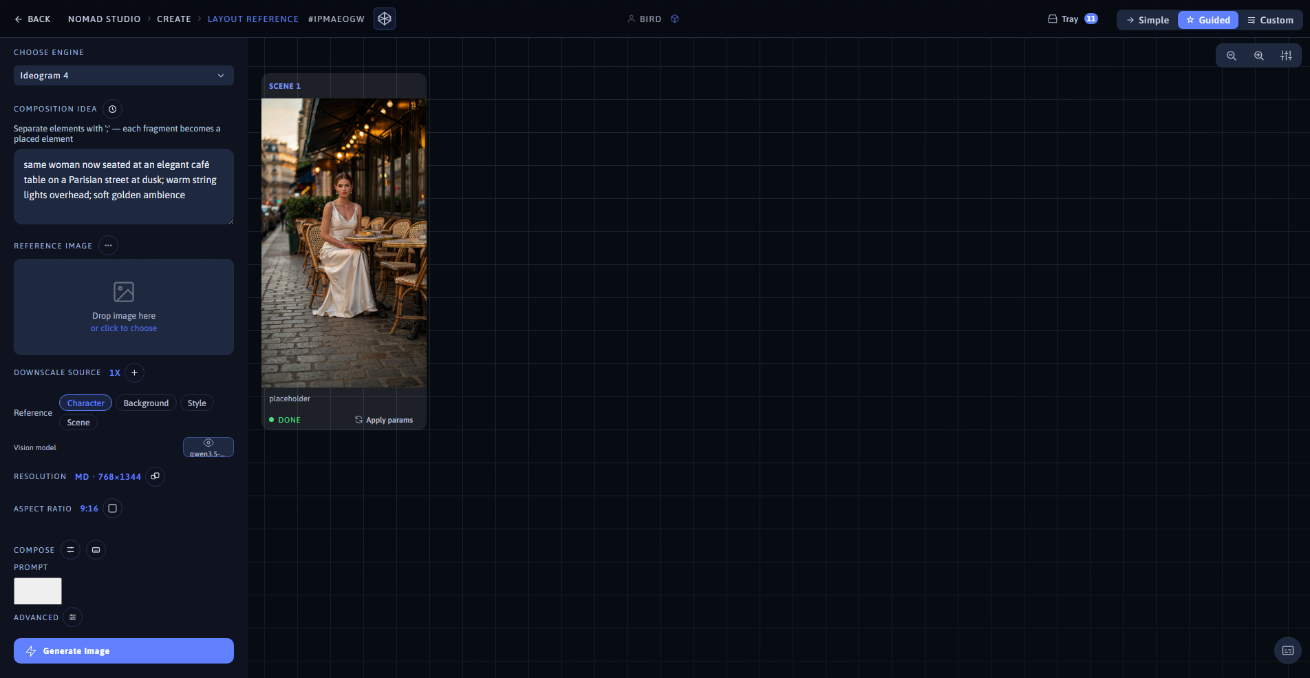 Nomad Studio Layout Reference page showing the uploaded character reference and the generated result