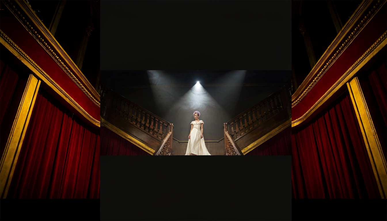 Generated result: the same reference woman standing under a spotlight on an opera house staircase
