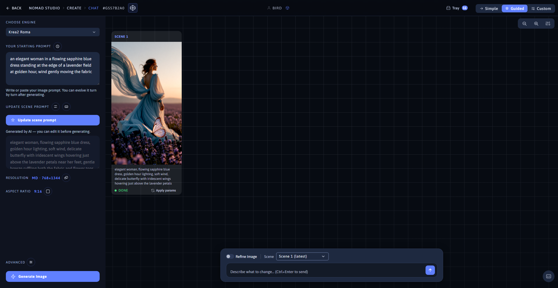 Nomad Studio Chat page showing scene 1 of the story