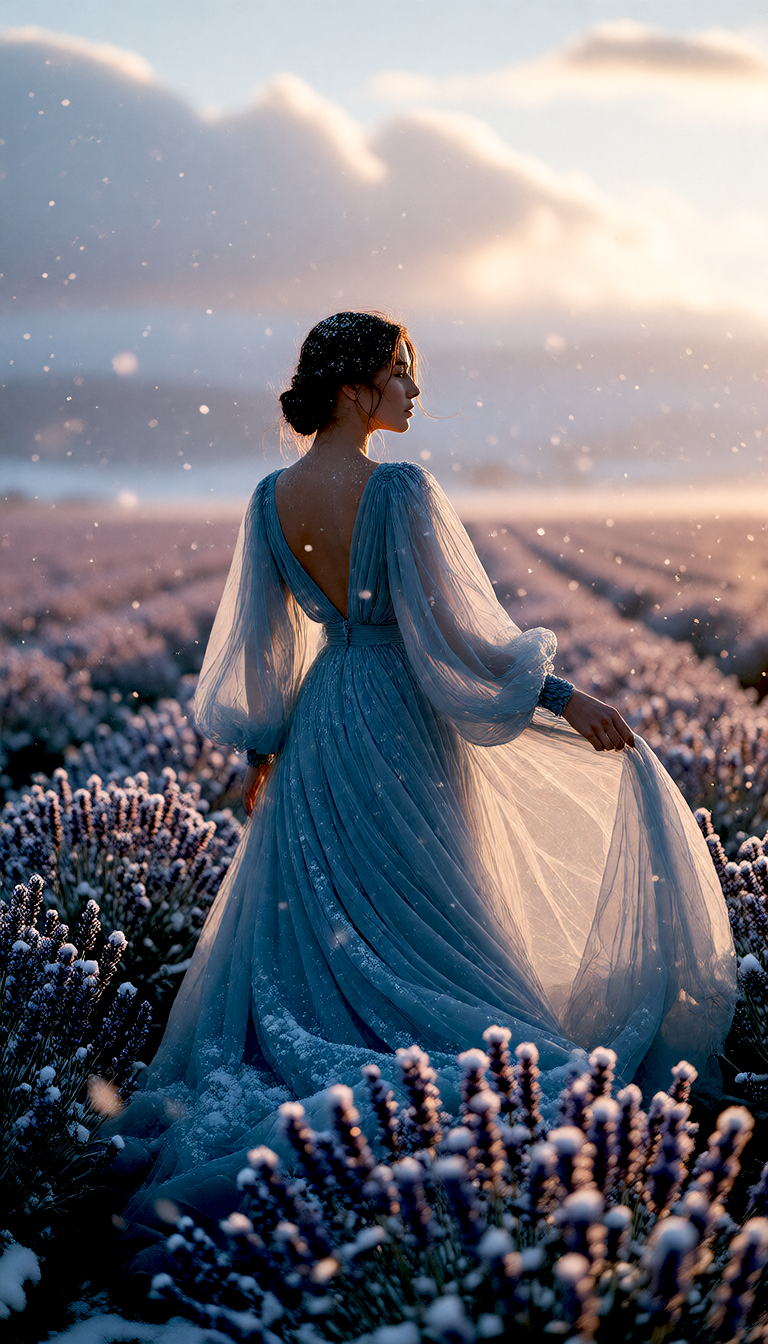 Generated result: the same woman in the same dress, now in a snow-dusted winter meadow