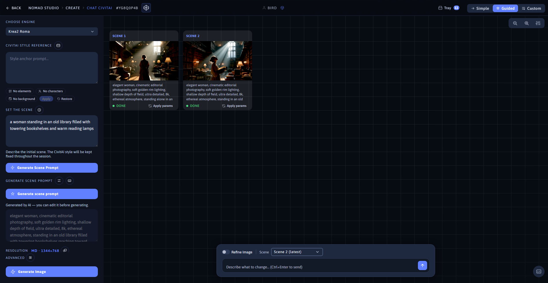 Nomad Studio Chat CivitAI page showing scene 1 and scene 2 side by side with the style held constant