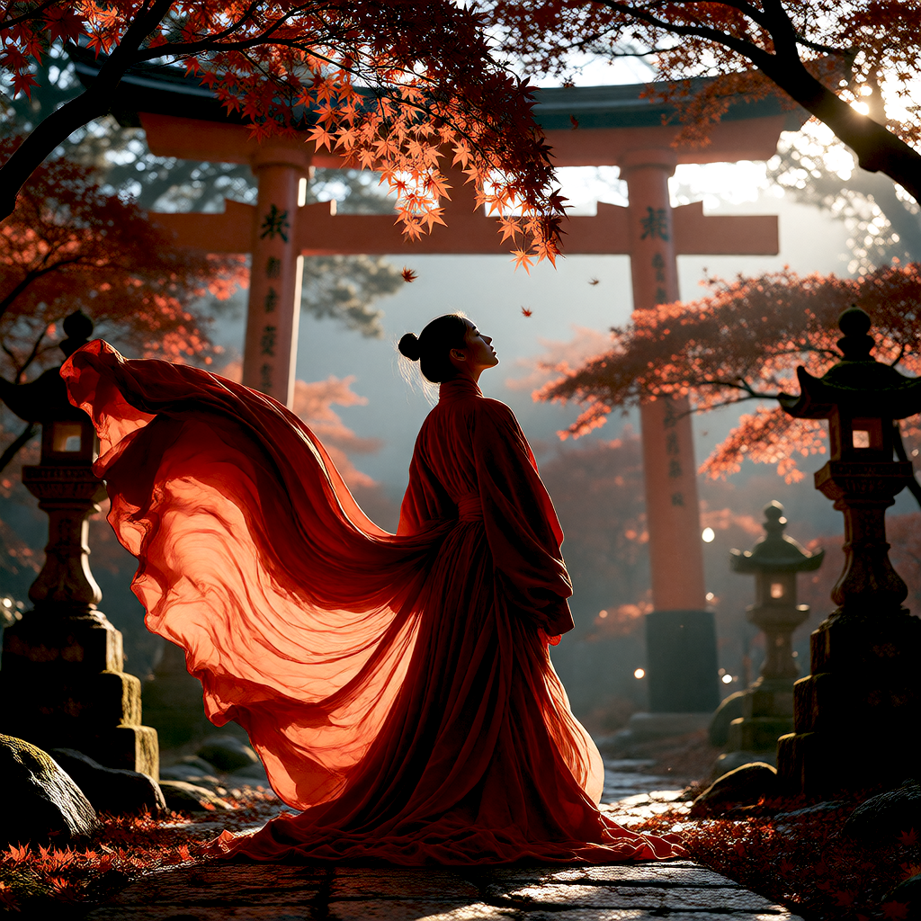Generated result: a woman in a flowing crimson robe beneath a red torii gate