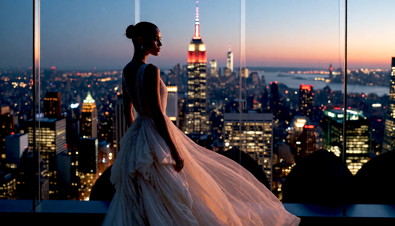 Generated result: a woman in a white gown on a rooftop terrace at sunrise over New York