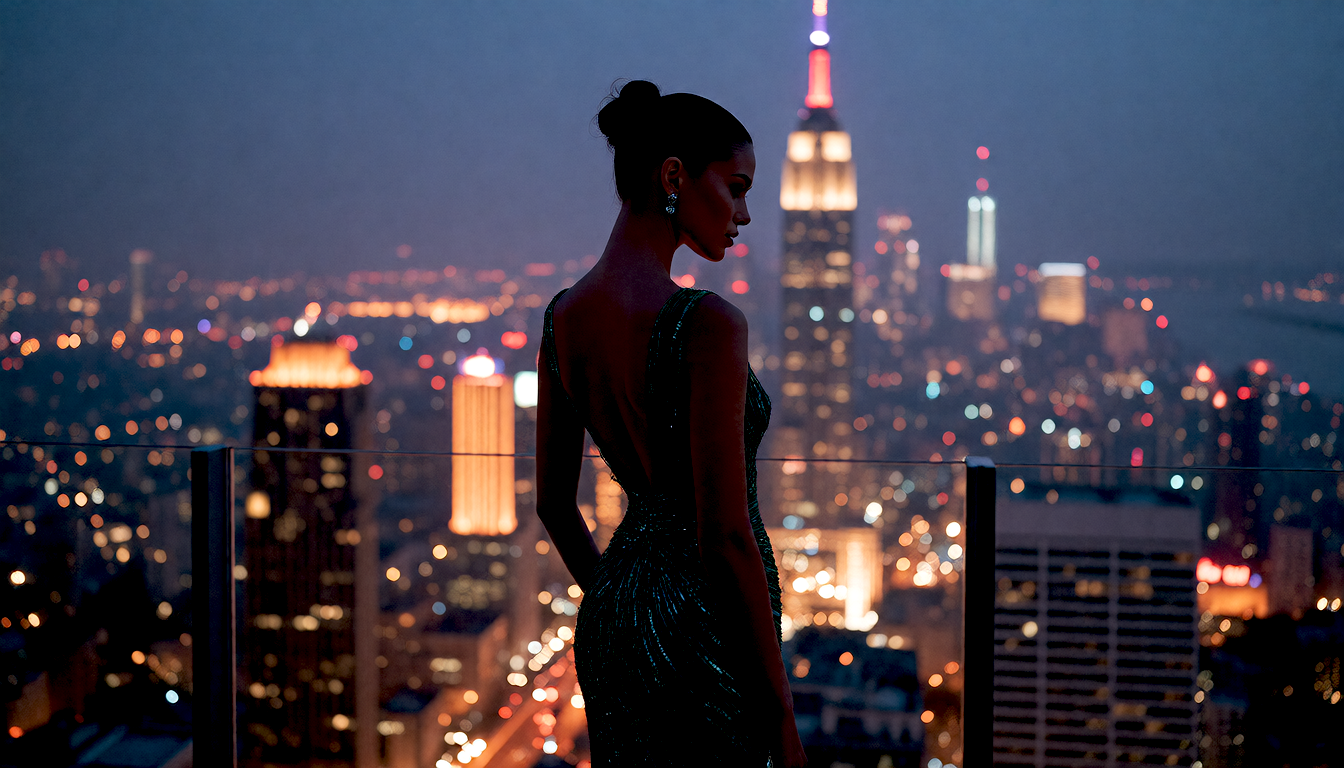 Generated result: an elegant woman in an emerald gown at a rooftop gala overlooking a city skyline
