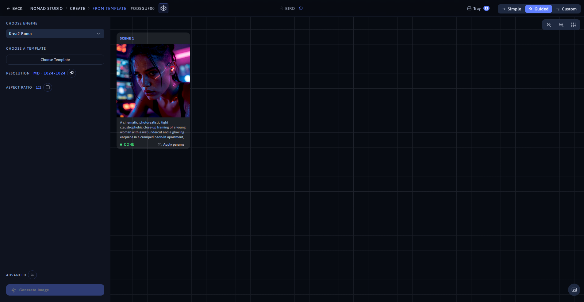 Nomad Studio From Template page showing the cyberpunk thriller template and the generated image