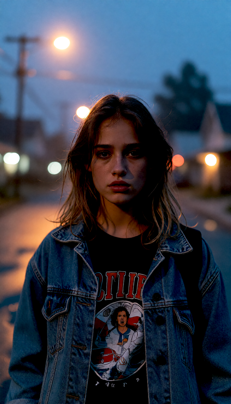 Generated result: a teenage girl on a misty small-town street at dusk under a streetlamp