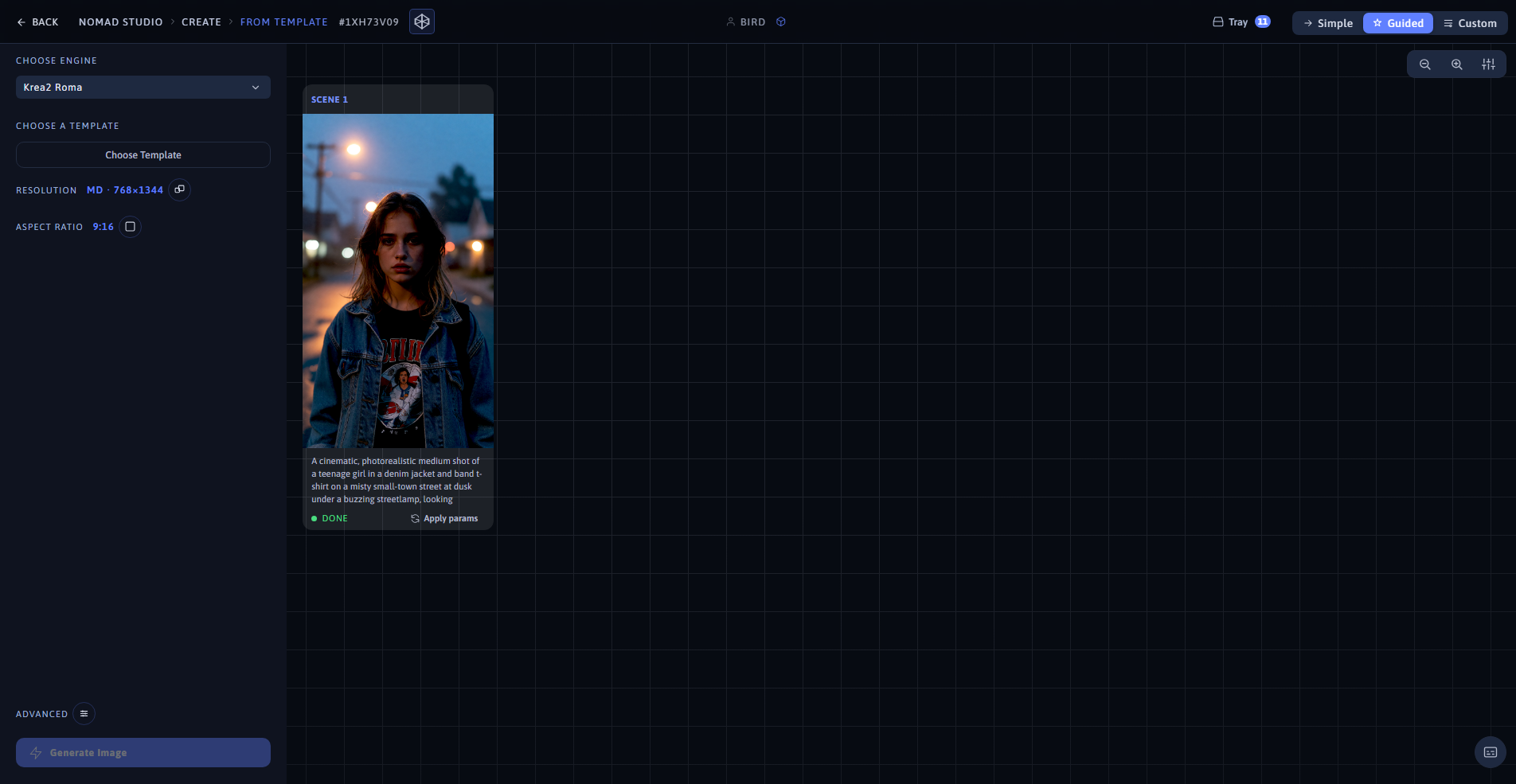 Nomad Studio From Template page showing the 1980s mystery template at 9:16 and the generated image