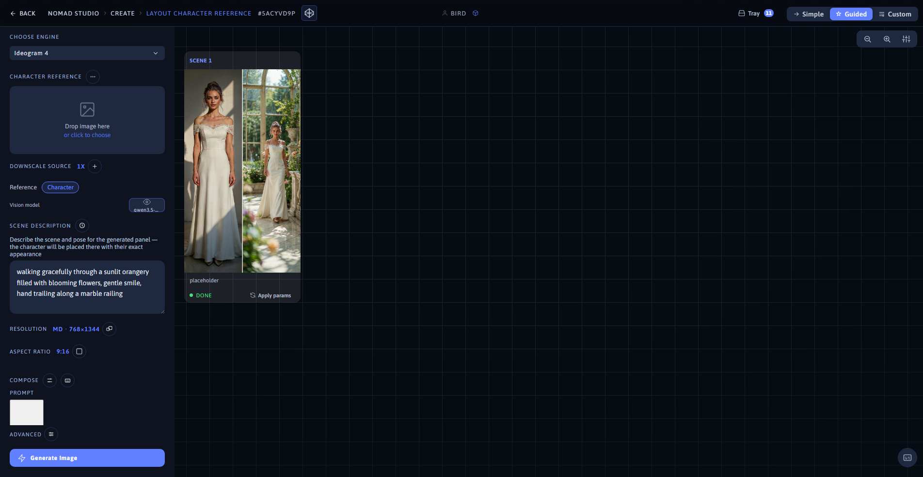 Nomad Studio Layout Character Reference page showing the composed diptych layout and the generated result