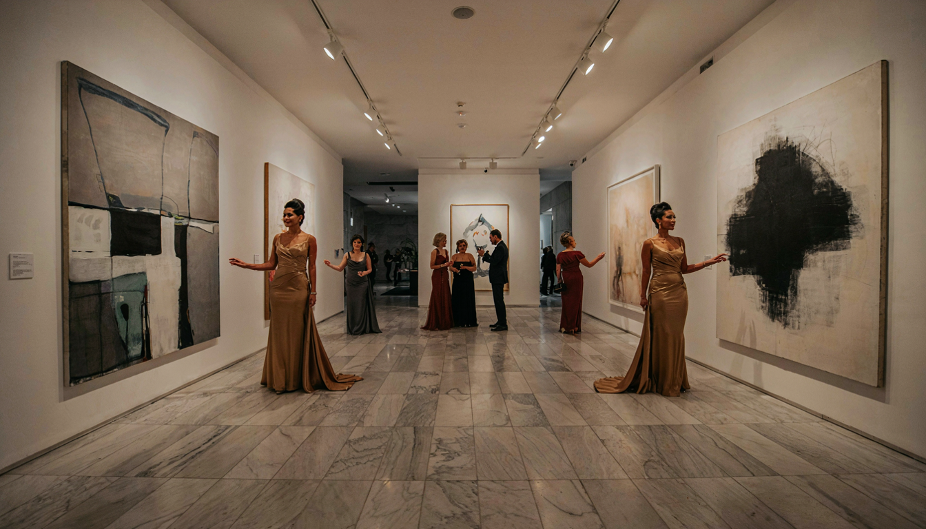 Generated result: elegant women in gold gowns admiring paintings in a gallery hallway