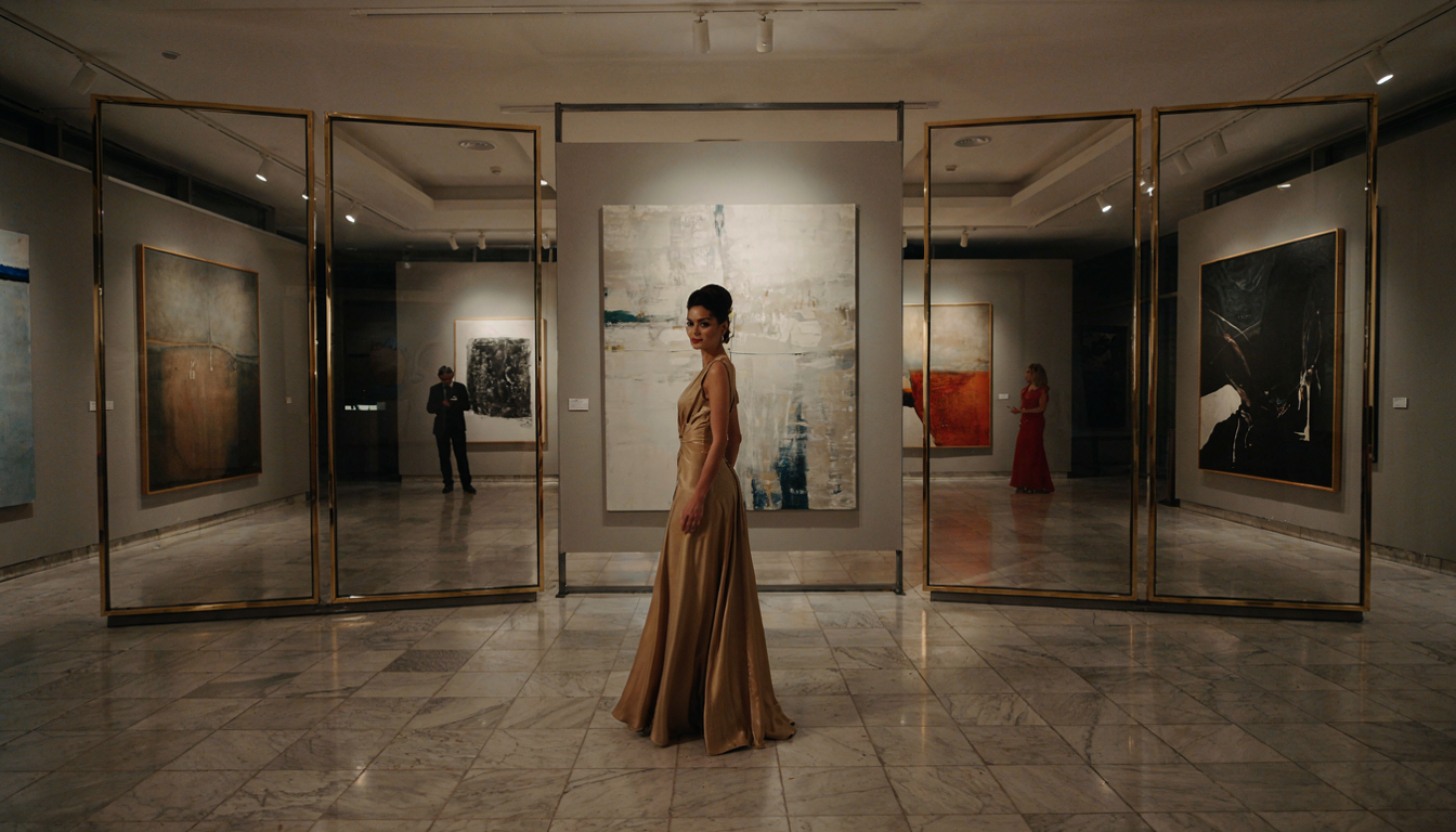 Generated result: the same elegant woman in a gold gown, portrait framing