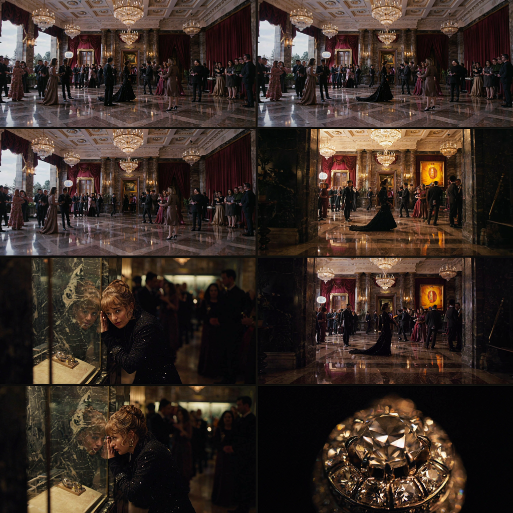 Generated result: 2x2 cinematic storyboard of a jewel thief infiltrating a museum gala