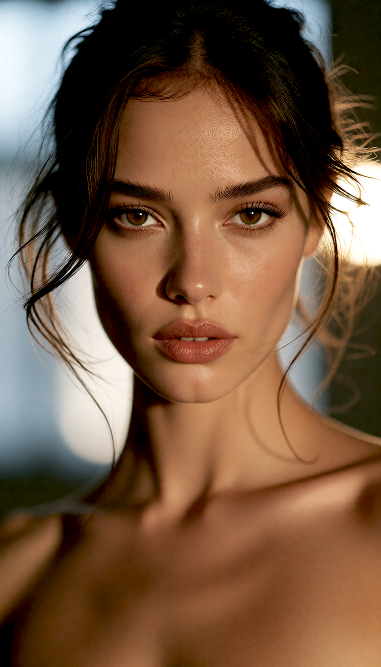 Portrait 2: the same elegant woman, gaze turned slightly off camera under soft side lighting