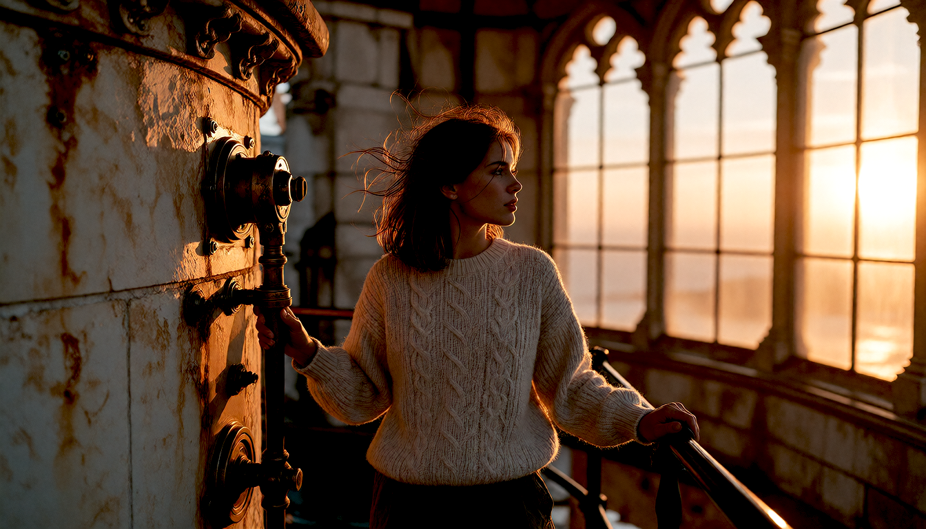 Scene 1: a young woman touching the brass railing of a cliffside lighthouse at golden sunset