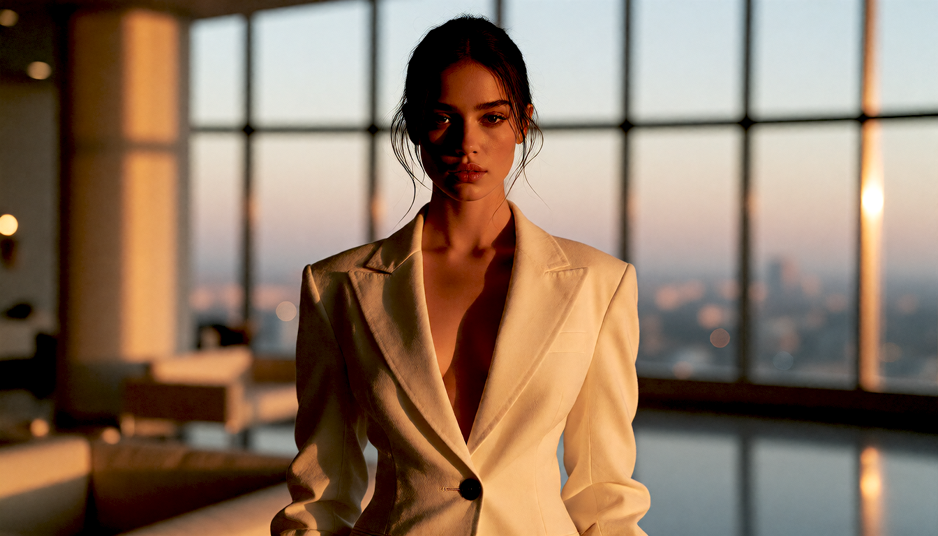 Generated result: a poised woman in a tailored ivory blazer at golden hour