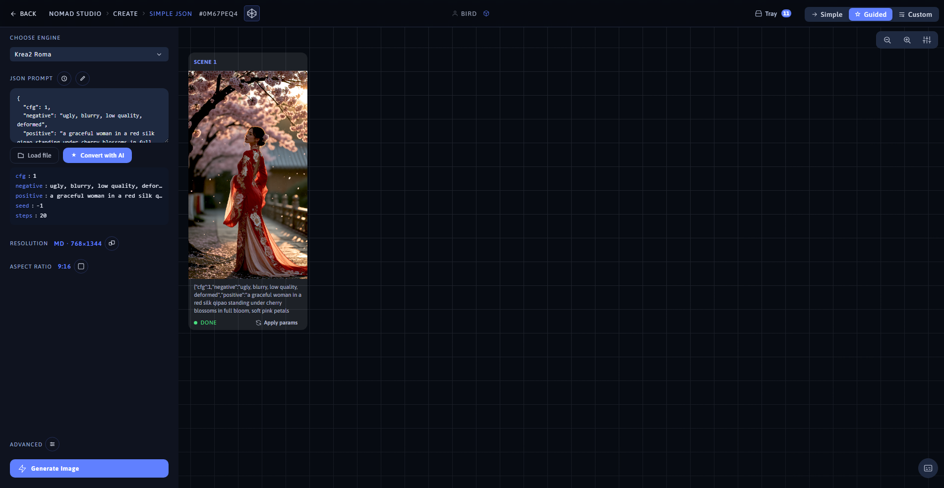 Nomad Studio Simple JSON page showing the JSON block at 9:16 and the generated image