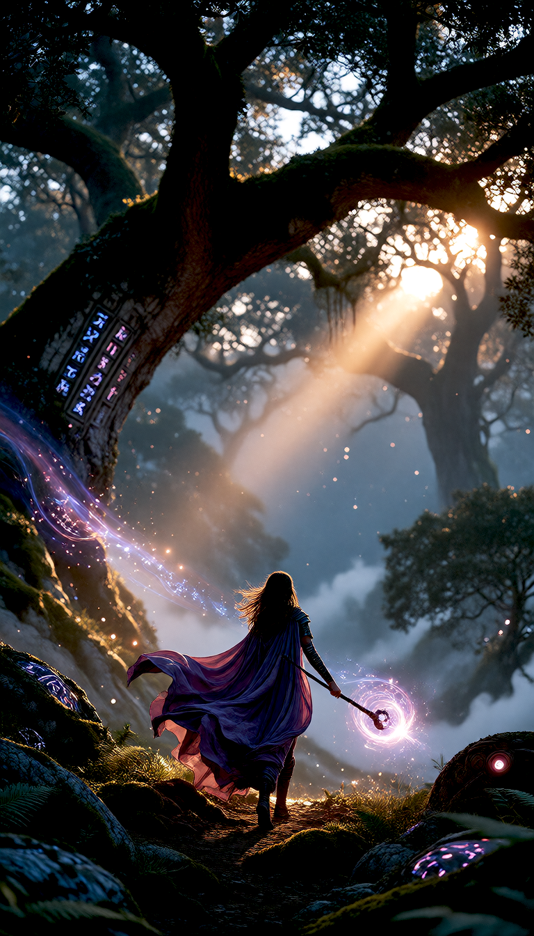 Scene 1: a young sorceress with a glowing staff entering an ancient enchanted forest at twilight
