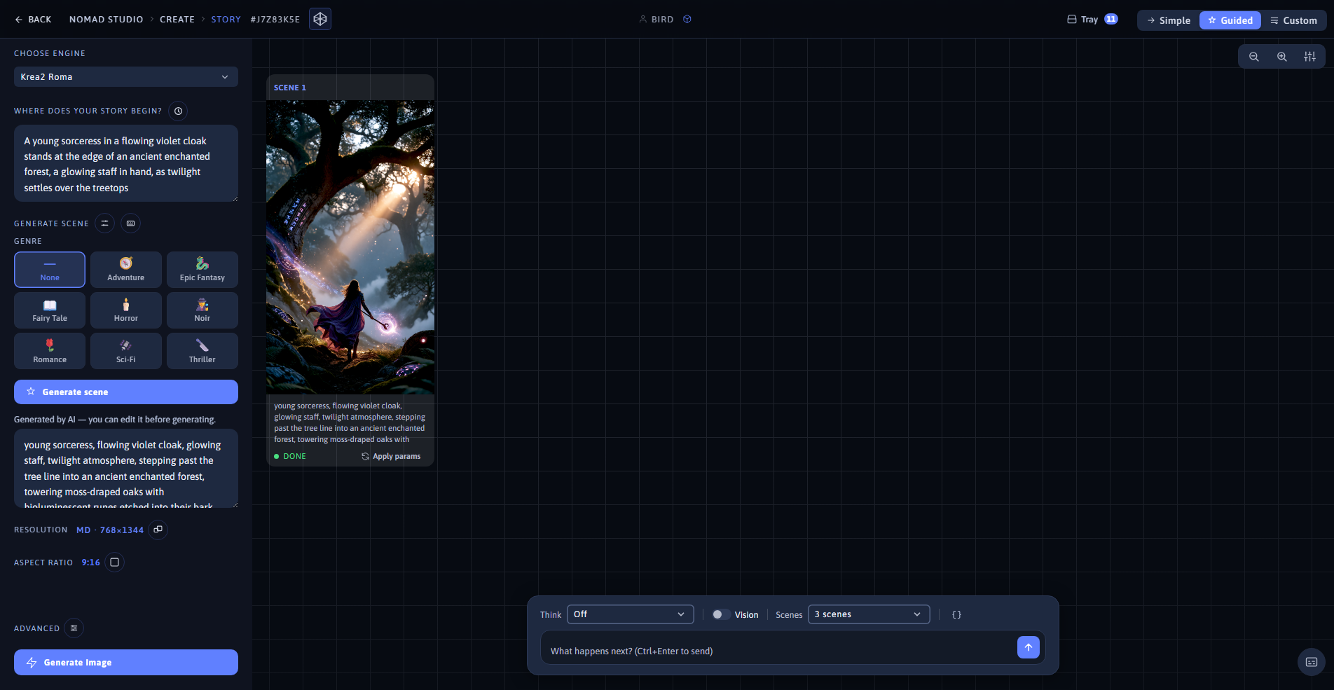 Nomad Studio Story page showing the opening scene of the fantasy story