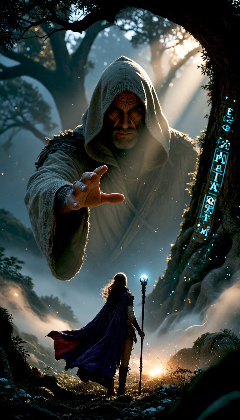 Scene 4: the sorceress lowering her staff as the hooded guardian reveals a kind, welcoming face