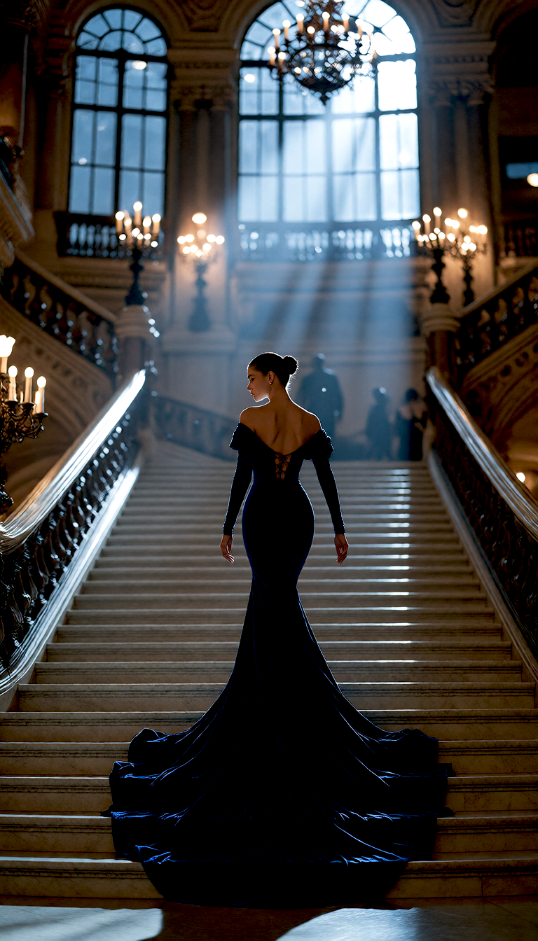 Variation 2: an elegant woman in a sapphire velvet gown lit by moonlight and chandelier glow